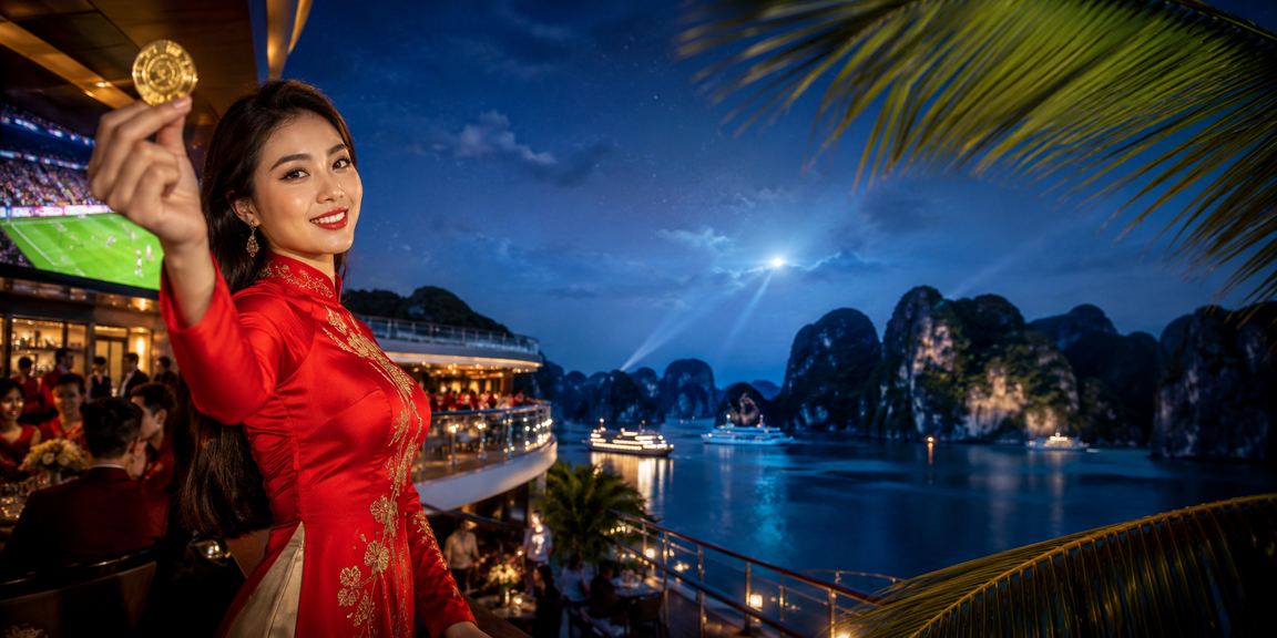 Người dùng tại Hạ Long đọc voucher casino trên điện thoại trong trang phục áo dài