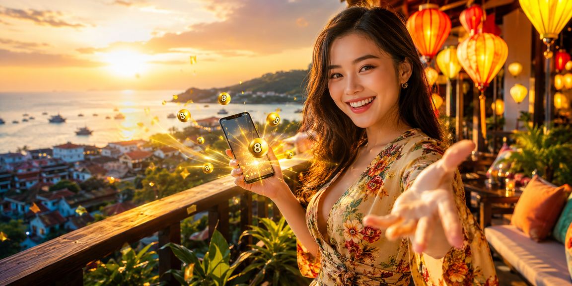 Người dùng Hội An xem voucher xổ số giữa khung cảnh đèn lồng buổi tối