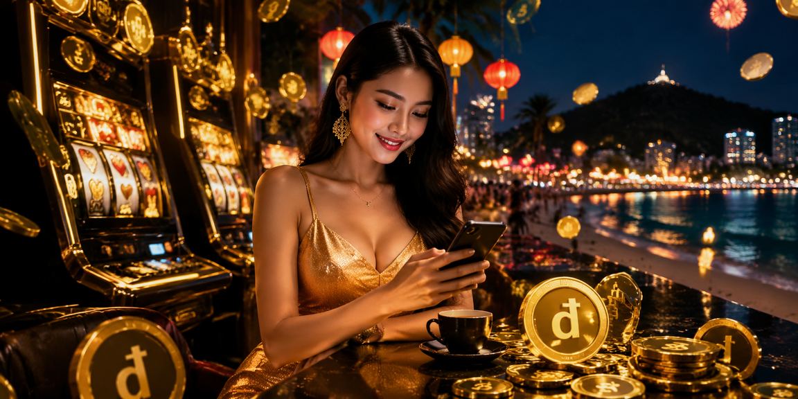Người dùng Vũng Tàu xem mục giải thưởng slot trên điện thoại tại quán cà phê